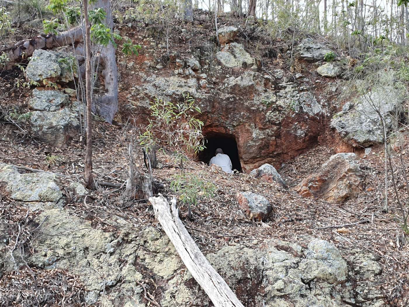 A geologist at the mouth of a historic adit cut into an iron-stained rock face